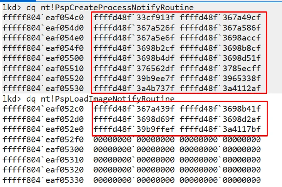WinDbg kernel memory dump showing PspCreateProcessNotifyRoutine callback array before zeroing - populated with EDR function pointers